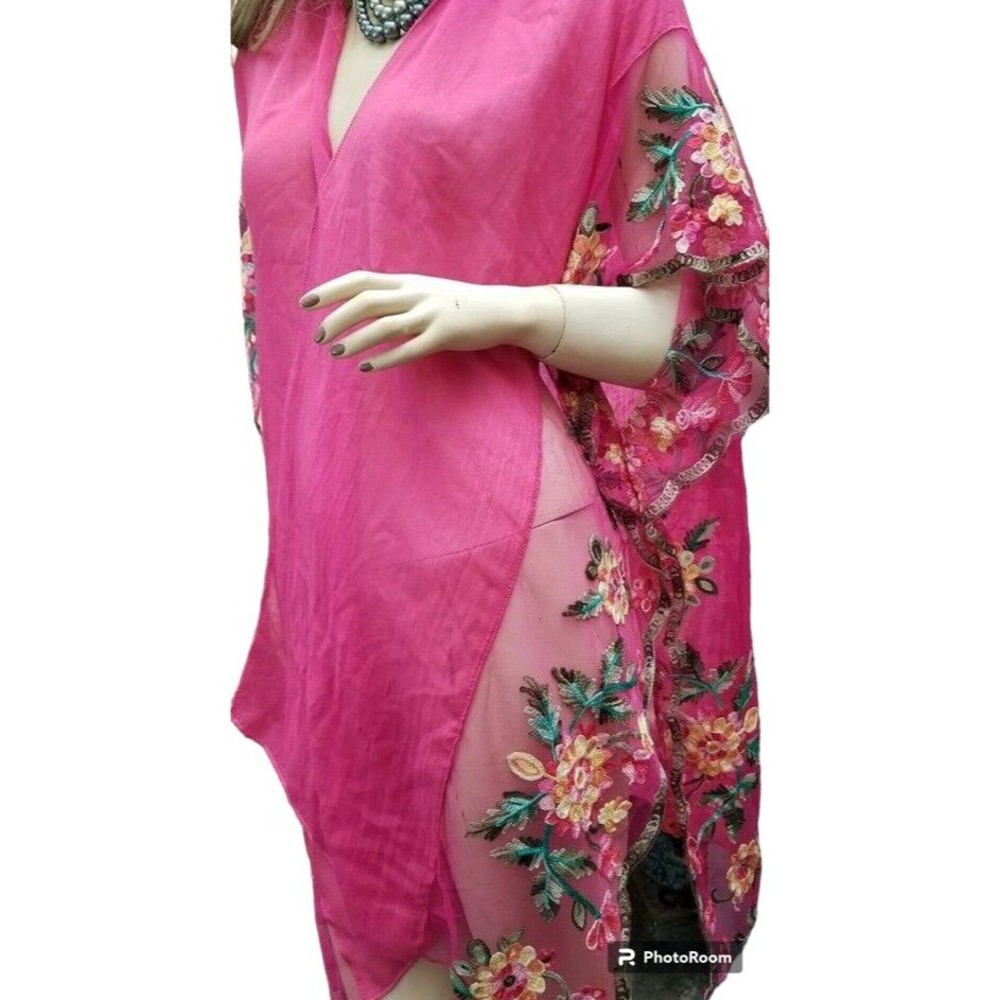 Pink Embroidered Long Cover Up Boho One Size Kimono Artsy NEW Boho Hippie